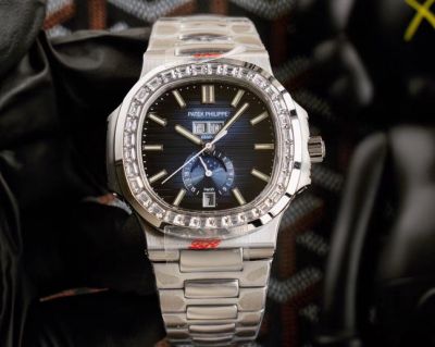 Replica Patek Philippe Nautilus Annual Calendar D-Blue Moon Phases SS Diamond Bezel